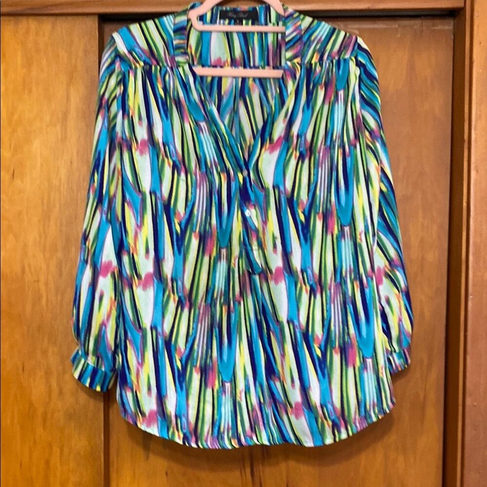 Honey Punch Multicolor Abstract Graphic Blouse 3/4 Sleeves Collarless V-Neck